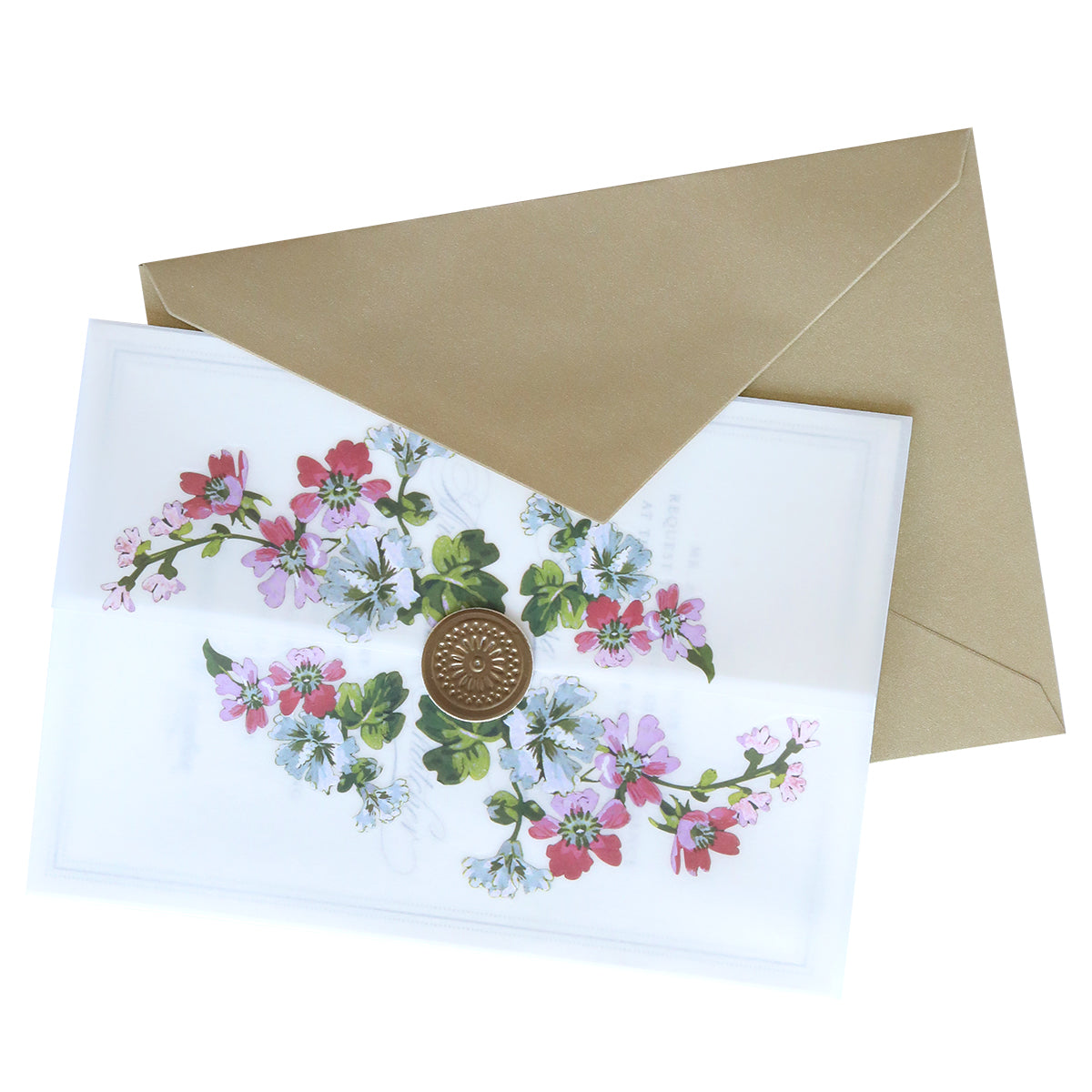 An elegant greeting card adorned with floral designs and a beautiful envelope seal from the Envelope Seal Cut and Emboss Folders peeks out of a brown envelope, showcasing the charm of handmade creations.