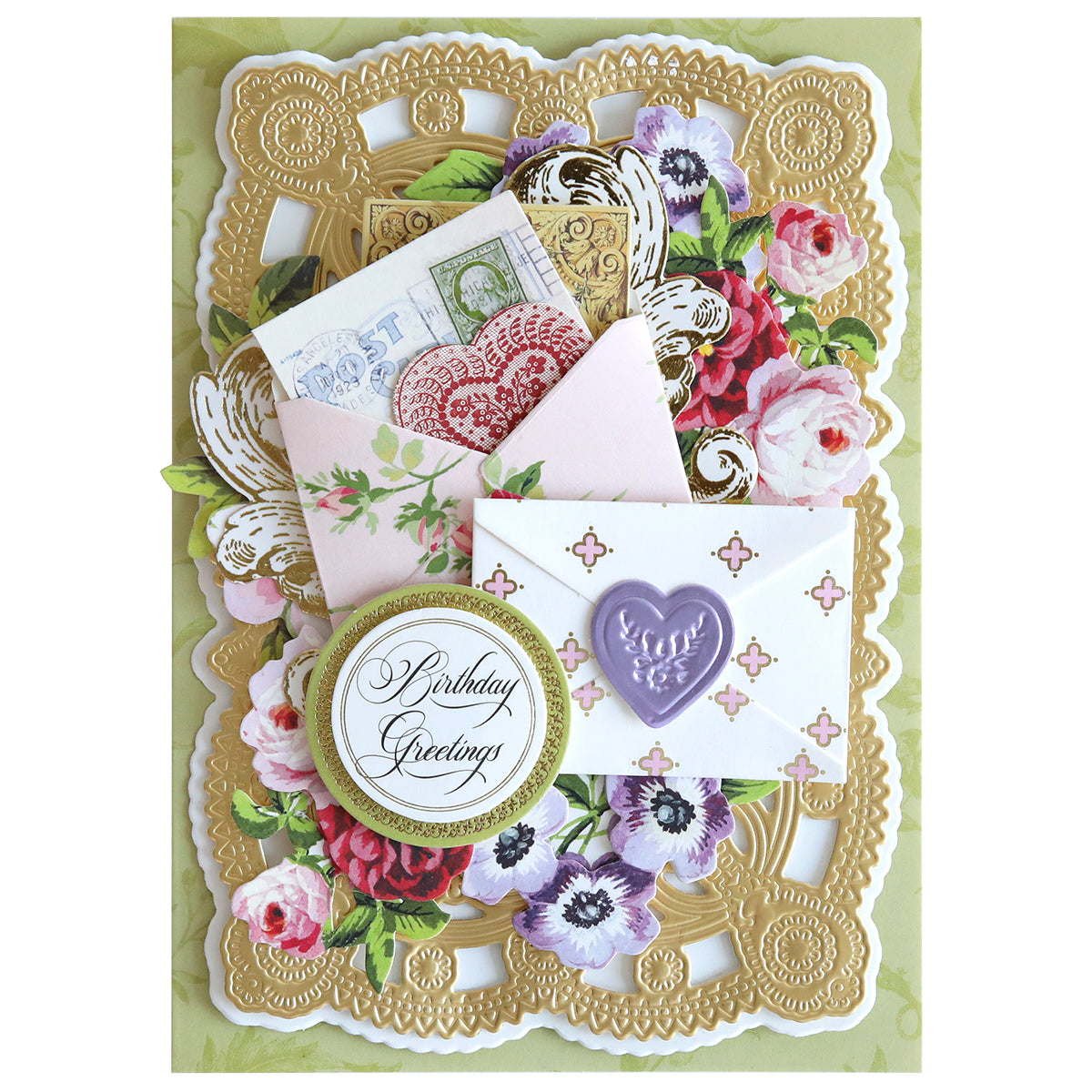 The "Envelope Seal Cut and Emboss Folders" offer a decorative birthday card featuring intricate gold patterns, floral designs, and the text "Birthday Greetings." This handmade creation includes envelopes adorned with heart seals and colorful flowers.