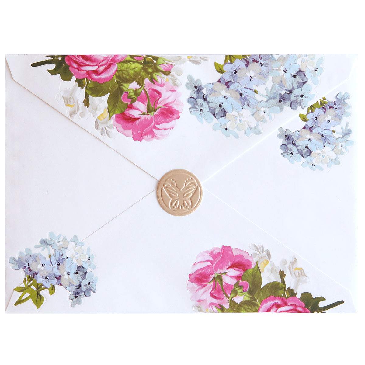 A white Envelope Seal Cut and Emboss Folder adorned with floral designs in pink and blue, sealed with a gold-colored wax seal featuring a butterfly imprint—a delightful touch to your handmade creations.