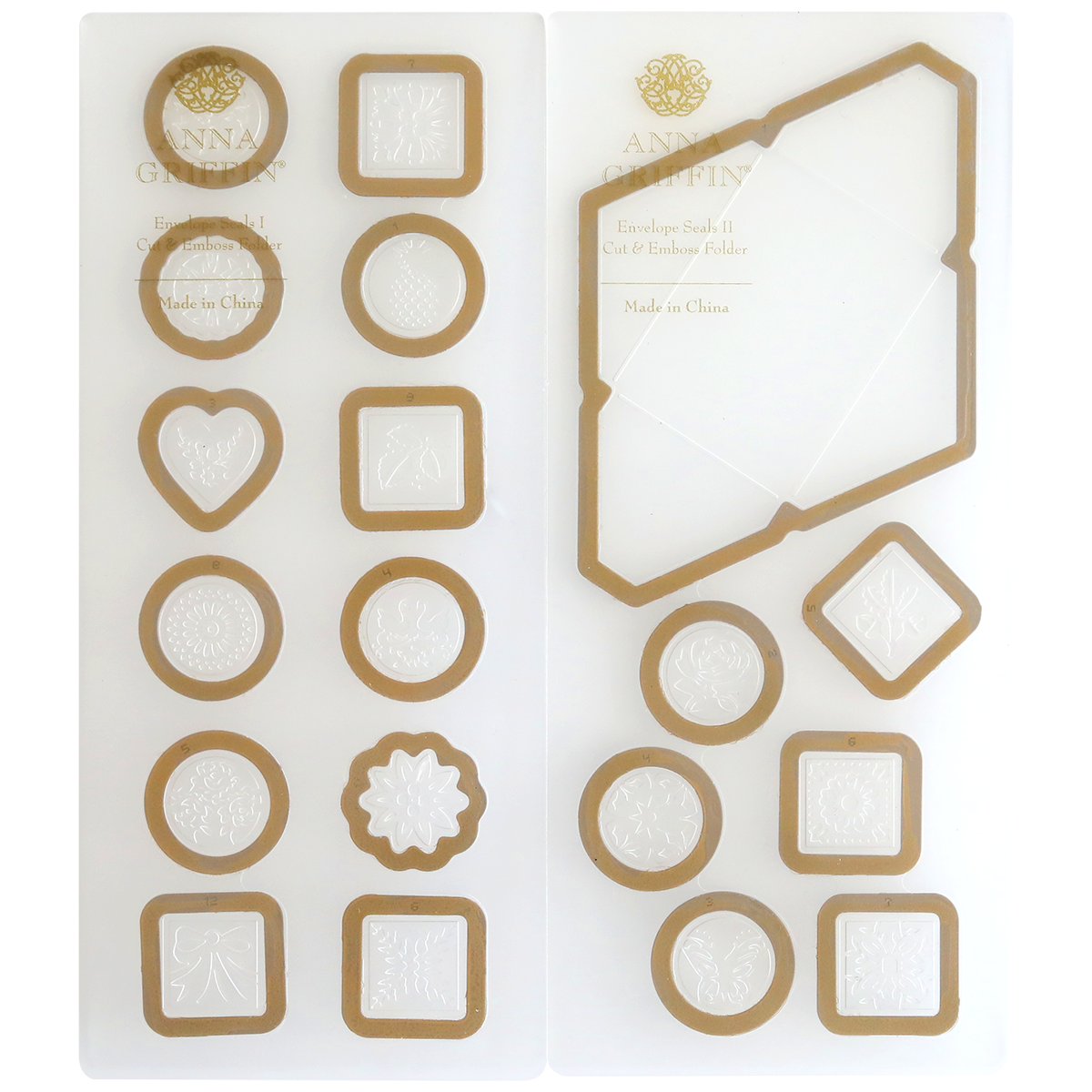 A set of Envelope Seal Cut and Emboss Folders in gold and white, featuring an array of shapes and decorative patterns, displayed on a transparent sheet with "Made in China" text—perfect for adding a touch of elegance to your handmade creations.