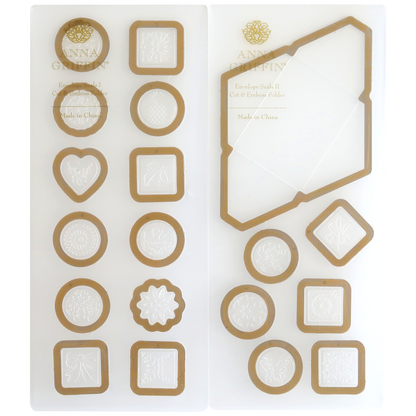 A set of Envelope Seal Cut and Emboss Folders in gold and white, featuring an array of shapes and decorative patterns, displayed on a transparent sheet with "Made in China" text—perfect for adding a touch of elegance to your handmade creations.