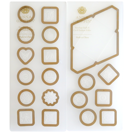 A set of Envelope Seal Cut and Emboss Folders in gold and white, featuring an array of shapes and decorative patterns, displayed on a transparent sheet with "Made in China" text—perfect for adding a touch of elegance to your handmade creations.