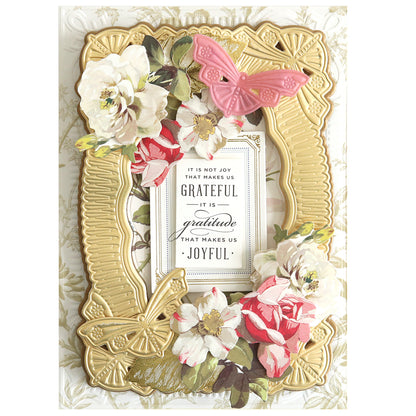 Create a stunning card using the 3D Butterfly Concentric Dies, featuring a gold embossed frame, floral accents, pink butterflies, and the quote: "It is not joy that makes us grateful, it is gratitude that makes us joyful.