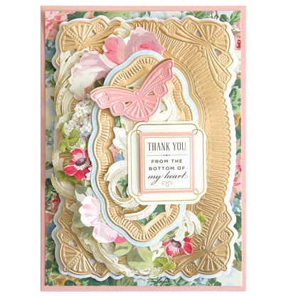 Show your gratitude with a handmade card using the 3D Butterfly Concentric Dies—featuring layered floral accents, ornate gold frames, and a pink 3D butterfly die cut—perfect for card makers who love intricate, heartfelt designs.