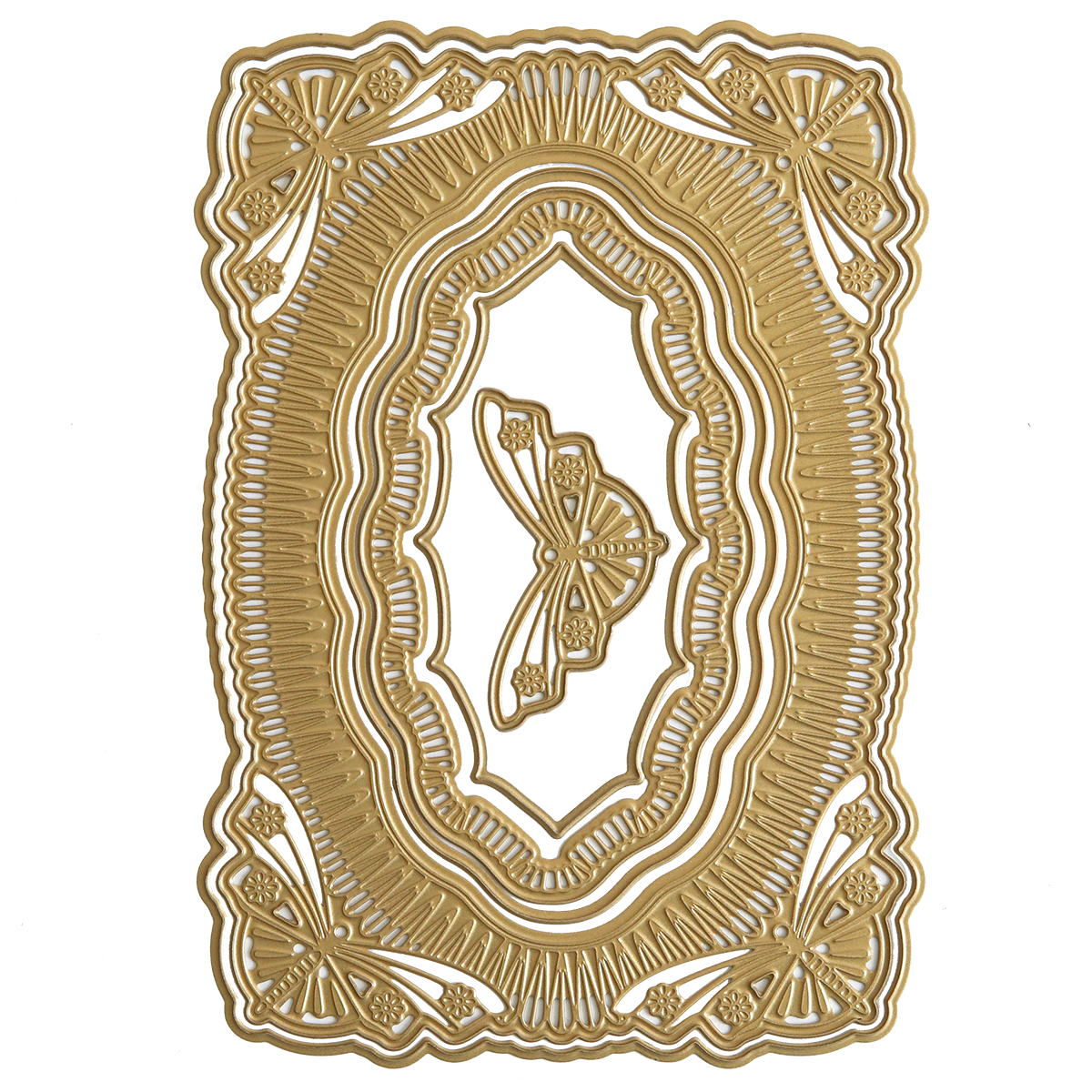 Create stunning cards with the 3D Butterfly Concentric Dies—featuring an ornate gold rectangular frame, layered butterfly motif, and crisp white background for an elegant finish. Perfect for card making projects.