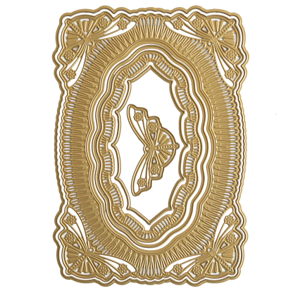 Create stunning cards with the 3D Butterfly Concentric Dies—featuring an ornate gold rectangular frame, layered butterfly motif, and crisp white background for an elegant finish. Perfect for card making projects.