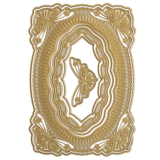 Create stunning cards with the 3D Butterfly Concentric Dies—featuring an ornate gold rectangular frame, layered butterfly motif, and crisp white background for an elegant finish. Perfect for card making projects.