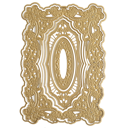 An ornate gold frame with floral and geometric patterns, centered on an oval design, reflects the elegance of 3D Filigree Concentric Dies against a transparent background.