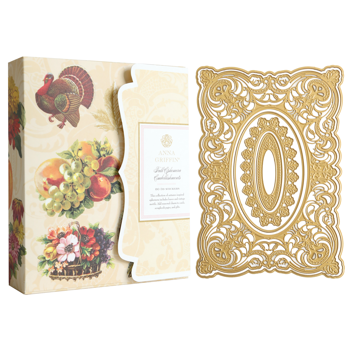 Autumn Baroque Dies and Ephemera featuring a box of autumn-themed stickers with a turkey and fruit next to a gold, ornate 3D Baroque Concentric Frame die.