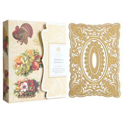 Autumn Baroque Dies and Ephemera featuring a box of autumn-themed stickers with a turkey and fruit next to a gold, ornate 3D Baroque Concentric Frame die.