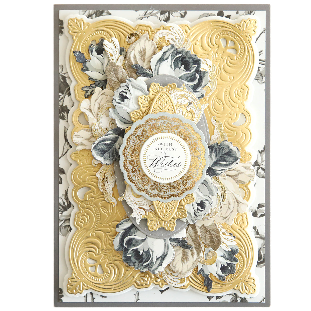 Handmade card created with Autumn Baroque Dies and Ephemera, featuring an ornate gold 3D baroque concentric frame, layered grey and cream paper flowers, and a central circular “With all best wishes” sentiment.