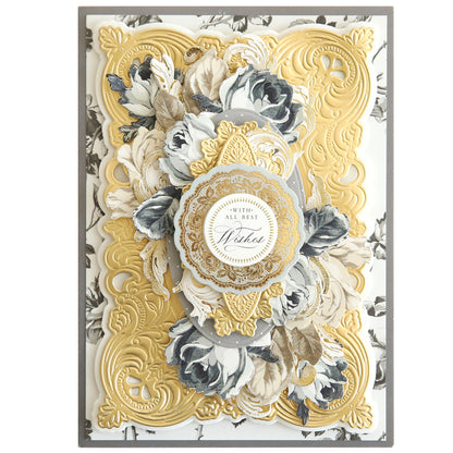 Handmade card created with Autumn Baroque Dies and Ephemera, featuring an ornate gold 3D baroque concentric frame, layered grey and cream paper flowers, and a central circular “With all best wishes” sentiment.