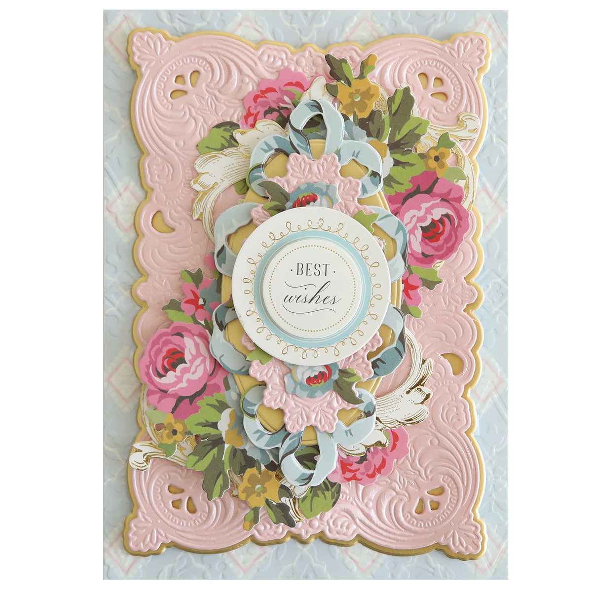 Showcase your favorite craft projects using the 3D Baroque Concentric Dies—ideal for creating decorative cards with ornate pink, gold, and floral designs and a "Best wishes" sentiment in the center.