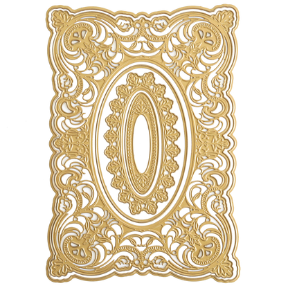 Autumn Baroque Dies and Ephemera gold metal craft die featuring an ornate, rectangular 3D baroque concentric frame with an oval center cutout, ideal for fall embellishments.