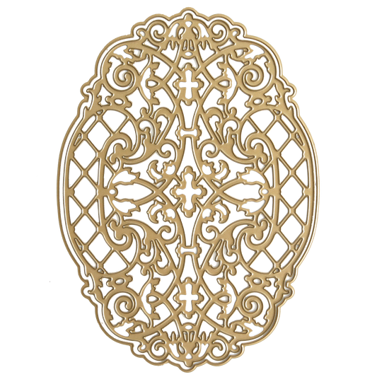 Album Harlequin Dies featuring an ornate gold oval filigree design with intricate symmetrical patterns.