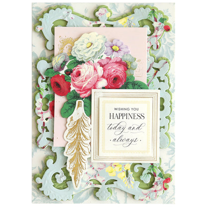 Introducing the Album Frame Dies—a floral-themed greeting card featuring intricate decorative frame die work, adorned with charming pink, red, and white flowers. The heartfelt message reads, "Wishing you happiness today and always!" set on a beautifully ornate background. This card is the perfect choice for those who appreciate the charm of handmade designs.