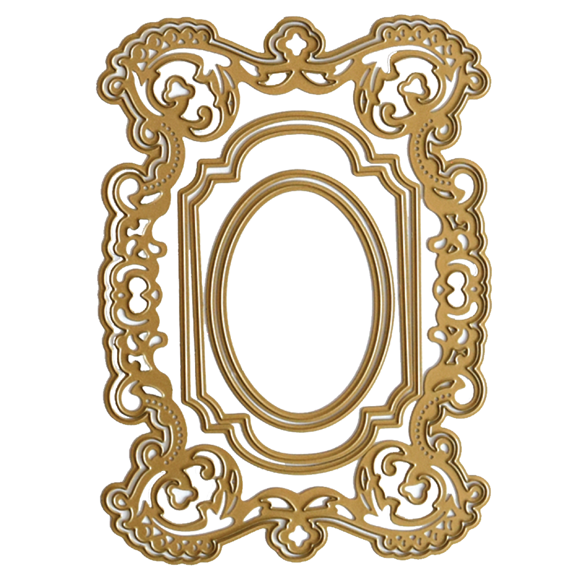 Introducing the Album Frame Dies: a beautifully ornate gold-colored frame featuring intricate floral patterns and an oval center opening, perfect for showcasing cherished memories.