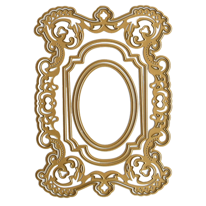 Introducing the Album Frame Dies: a beautifully ornate gold-colored frame featuring intricate floral patterns and an oval center opening, perfect for showcasing cherished memories.