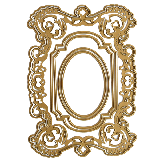 Introducing the Album Frame Dies: a beautifully ornate gold-colored frame featuring intricate floral patterns and an oval center opening, perfect for showcasing cherished memories.