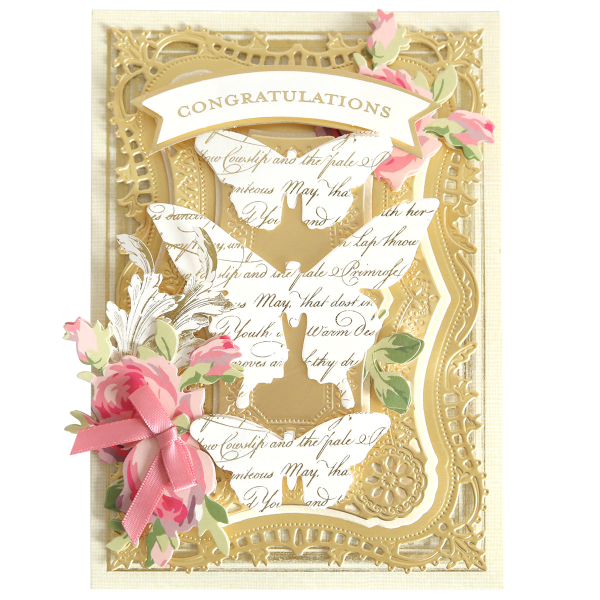 Elegant congrats card with gold butterfly embellishment, pink flowers, and ribbon on a decorative background. Ideal for any celebration, it includes a storage folio to keep it pristine. Featuring Paper Butterfly Embellishments for added charm.