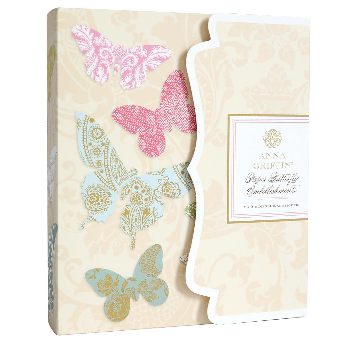 A box of Paper Butterfly Embellishments with coordinating storage folio showcases pink and blue butterfly designs on a beige floral background.