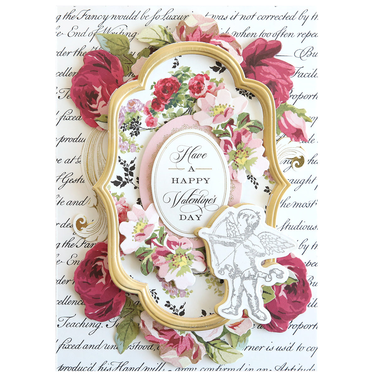 Valentine's Day card showcasing a detailed gold frame and floral design, accented with an adorable cherub illustration on a script background. Ideal for crafting projects or complementing Smitten Stamps and Dies to create cherished memories.