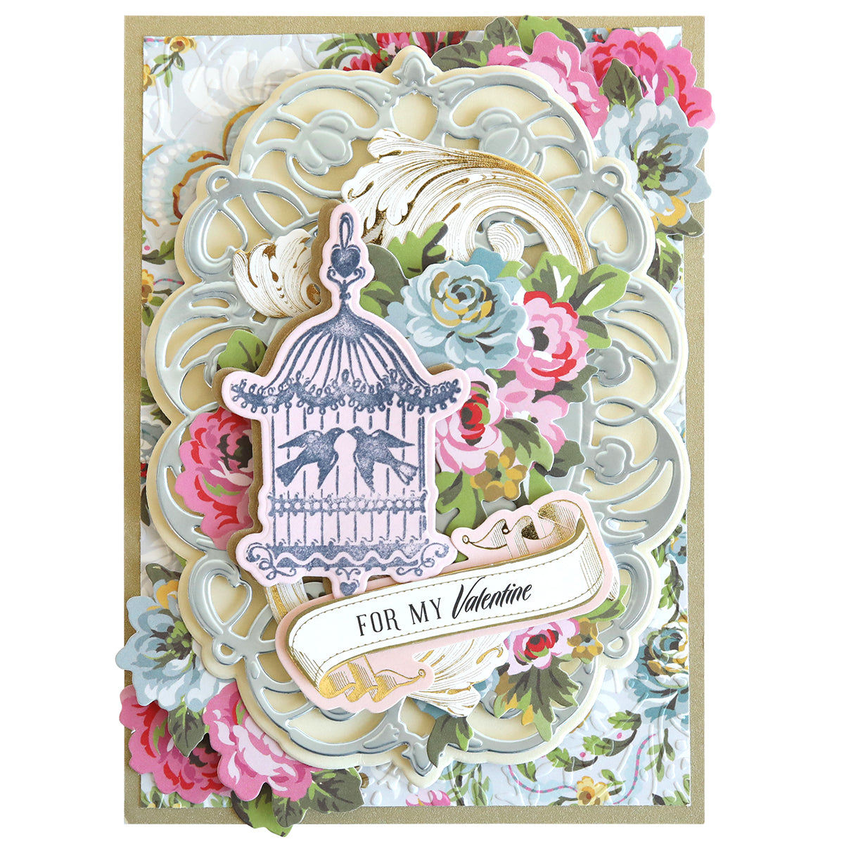 This exquisite product showcases the artistry of Smitten Stamps in the form of an ornate card, complete with a layered floral design, a birdcage illustration, and an elegant script scroll reading "For My Valentine." It's perfect for crafting projects.