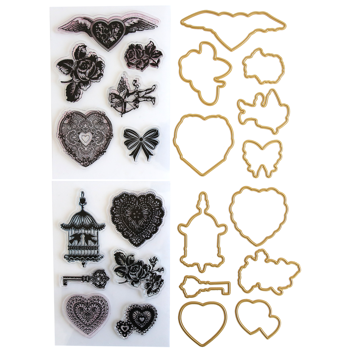 Discover the Smitten Stamps and Dies set, ideal for your crafting projects. This delightful collection includes heart-themed designs enhanced with flowers, butterflies, a bow, and an enchanting birdcage.