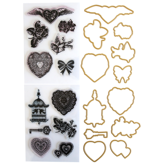 Discover the Smitten Stamps and Dies set, ideal for your crafting projects. This delightful collection includes heart-themed designs enhanced with flowers, butterflies, a bow, and an enchanting birdcage.