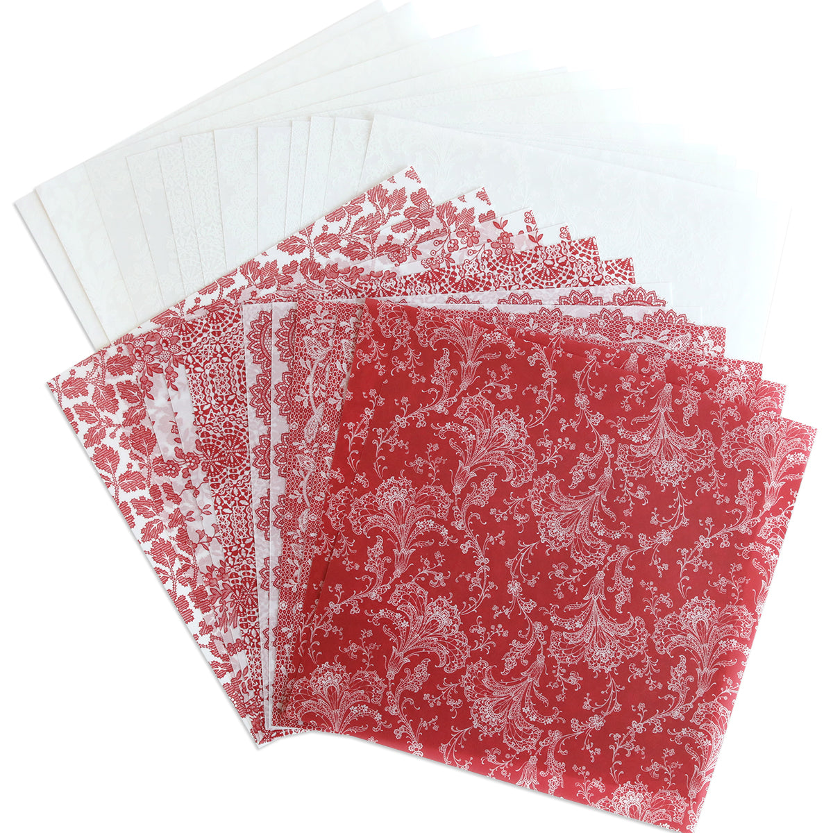 The Red and White Lace Vellum Papers, a collection of 24 sheets, showcase 12" x 12" patterned paper with intricate white designs and red floral patterns, elegantly arranged in a fan display to provide a delicate and transparent appearance reminiscent of lace vellum papers.