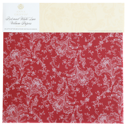 Discover the sophisticated allure of Red and White Lace Vellum Papers, with red and white floral patterns on a transparent 12" x 12" sheet. This elegant touch enhances any crafting project.