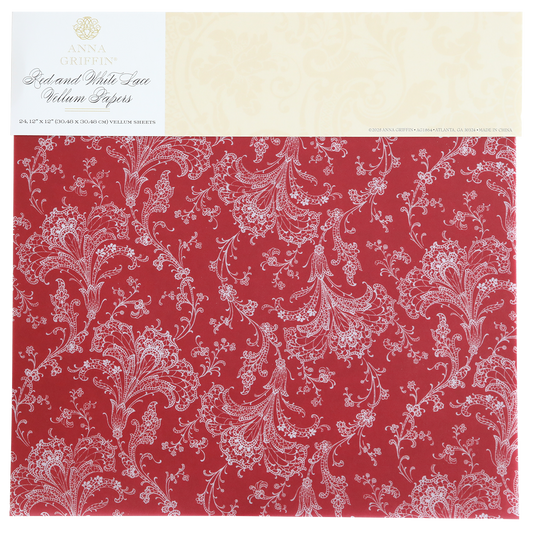 Discover the sophisticated allure of Red and White Lace Vellum Papers, with red and white floral patterns on a transparent 12" x 12" sheet. This elegant touch enhances any crafting project.