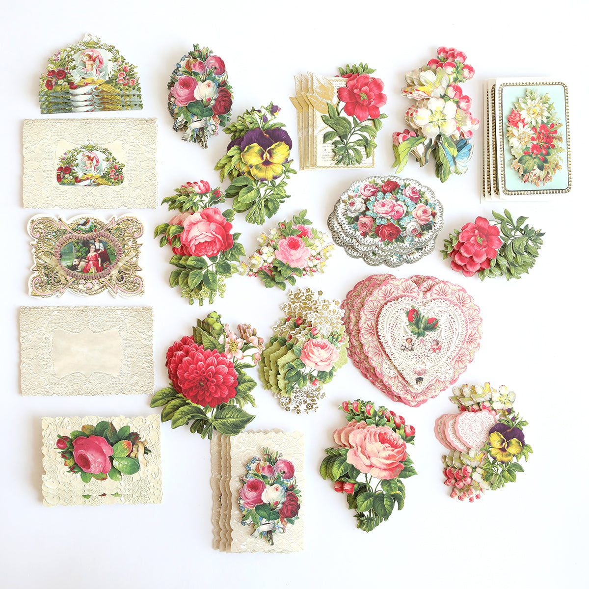 The Love Ephemera Stickers feature an assortment of vintage floral cards, botanical prints, and intricate lace doilies set against a pristine white background.