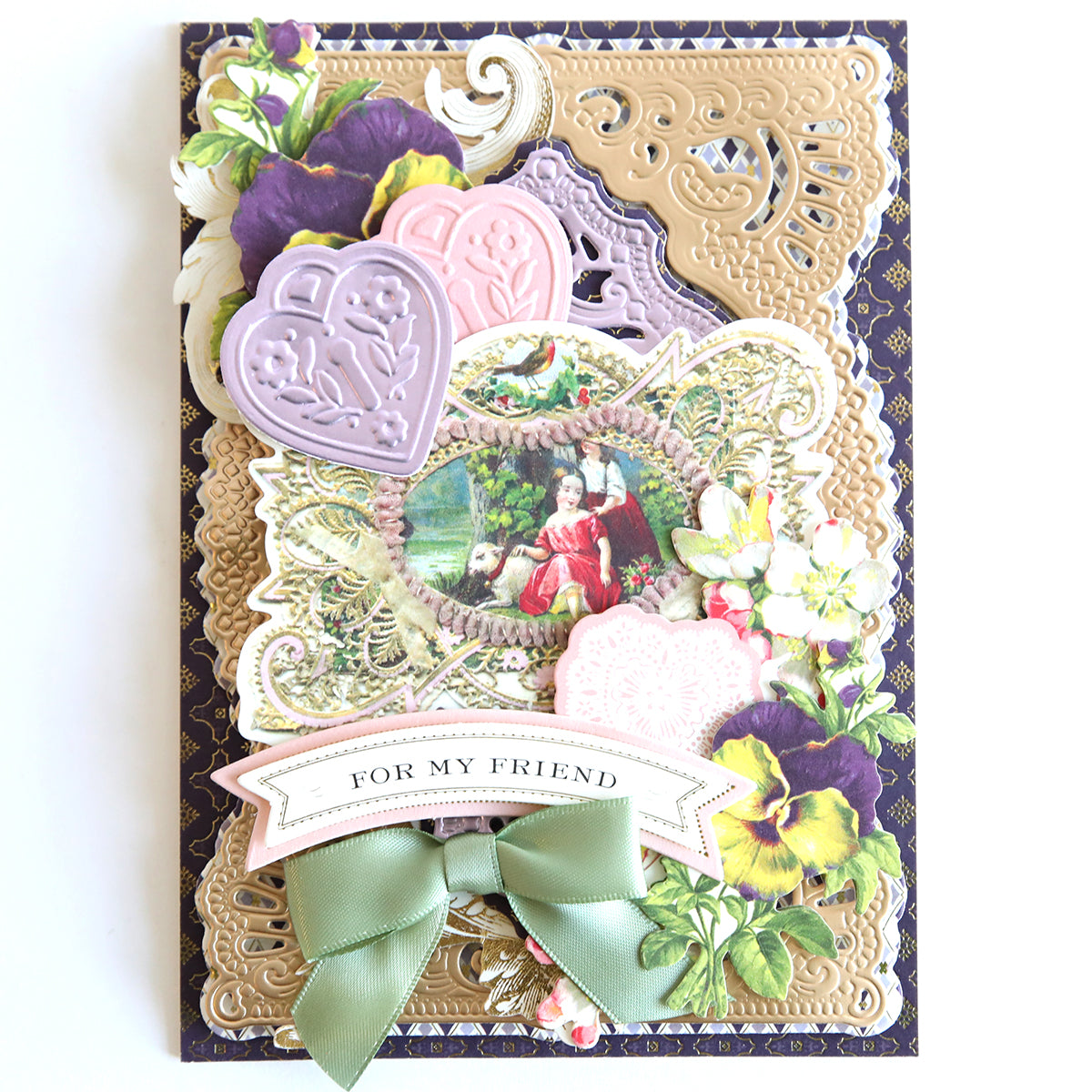 Love Ephemera Stickers featuring intricate embossed patterns, floral details, and a green bow, complemented by an illustration of two people. Vintage botanical elements enhance the charm under the text "For My Friend.