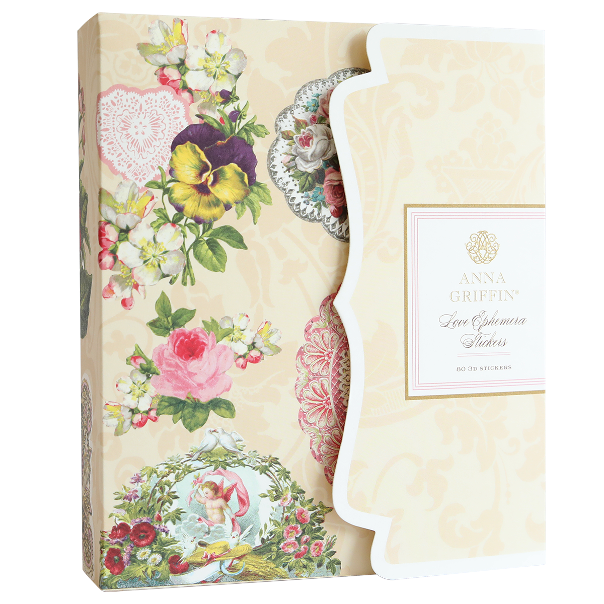 The "Love Ephemera Stickers" box features a floral-themed design with ornate patterns, including roses and pansies, capturing the charm of vintage botanicals.