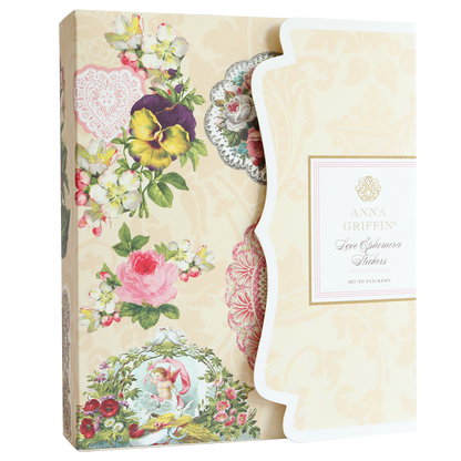 The "Love Ephemera Stickers" box features a floral-themed design with ornate patterns, including roses and pansies, capturing the charm of vintage botanicals.