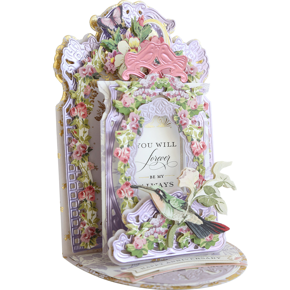 This intricate pop-up card, featuring floral designs and a bird, conveys the heartfelt message "You will forever be my always." Enhanced with Interactive Pulley Dies—a set of 14 dies—it uniquely animates your sentiments.