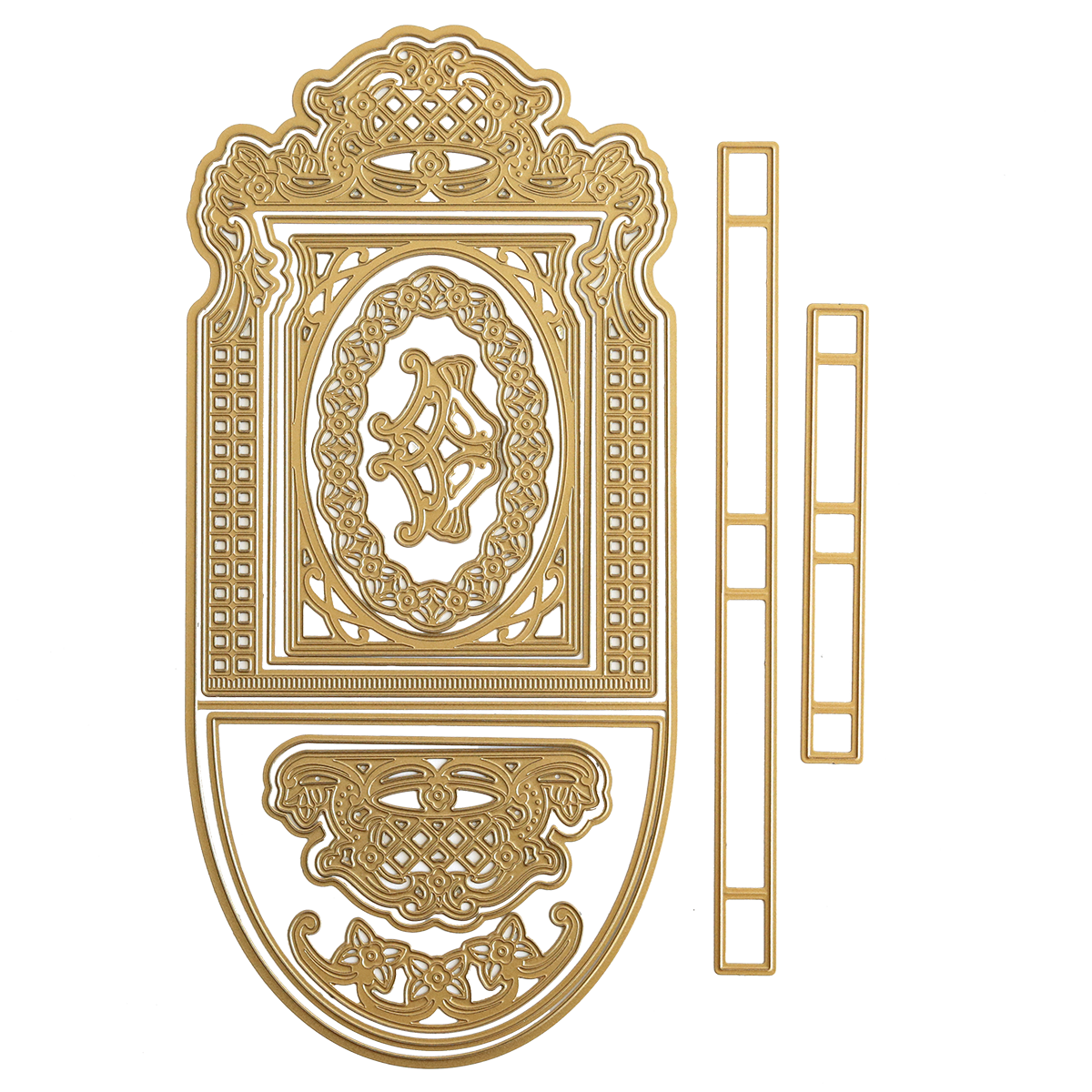 An ornate gold-colored frame with intricate patterns is displayed disassembled alongside the Interactive Pulley Dies set of 14 on a white background, offering a moveable card creation experience.