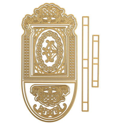 An ornate gold-colored frame with intricate patterns is displayed disassembled alongside the Interactive Pulley Dies set of 14 on a white background, offering a moveable card creation experience.