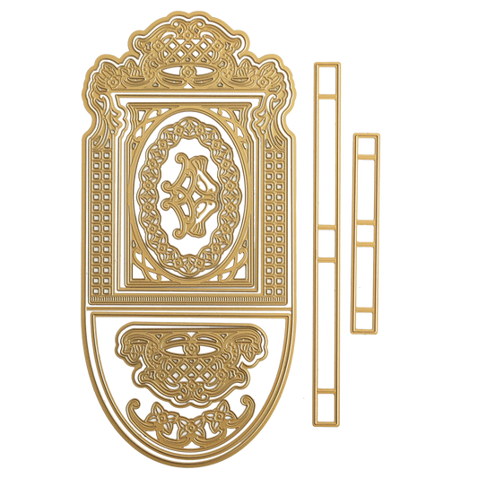 An ornate gold-colored frame with intricate patterns is displayed disassembled alongside the Interactive Pulley Dies set of 14 on a white background, offering a moveable card creation experience.