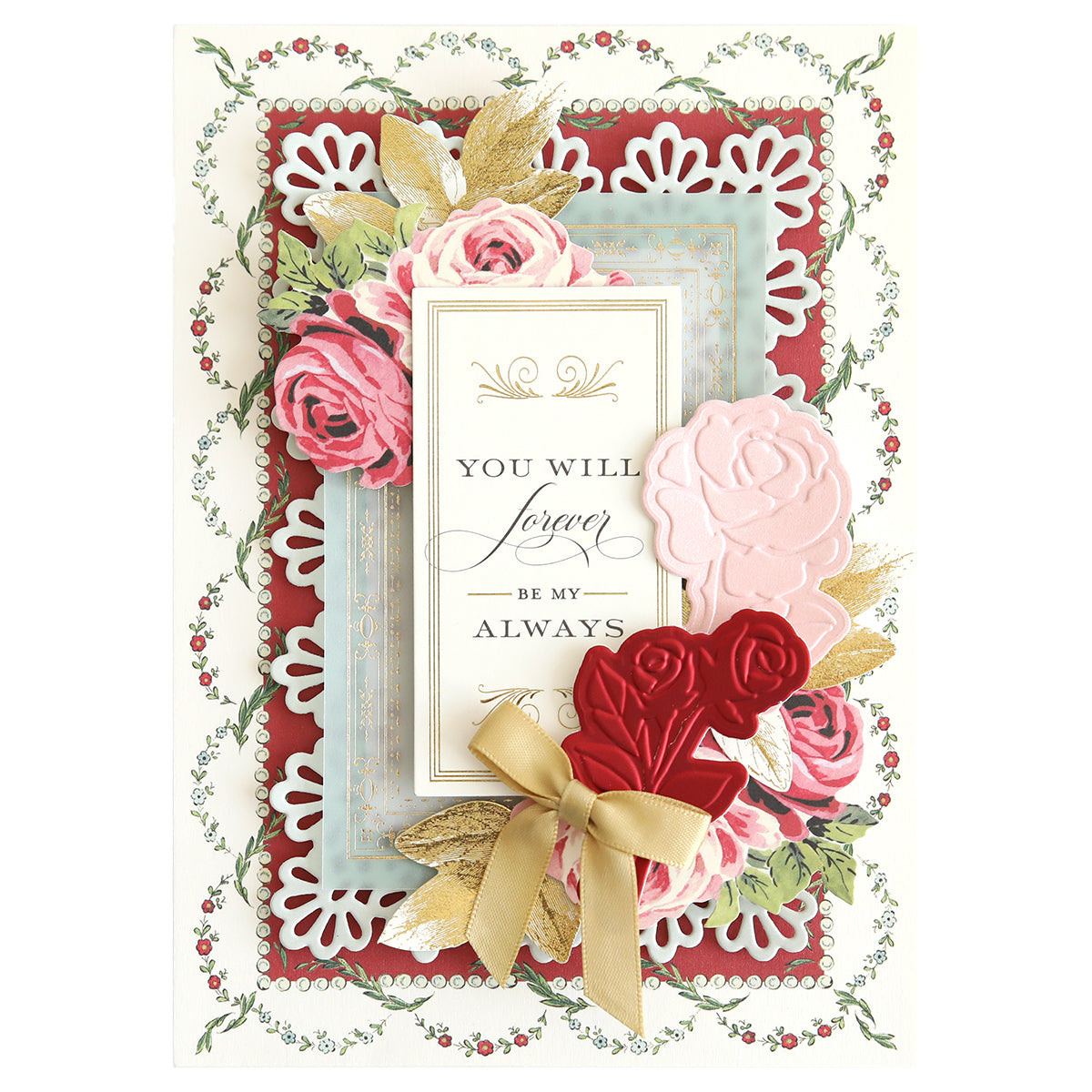 Introducing the Smitten Cut Emboss Folders, a beautifully crafted Valentine's card adorned with floral designs and the heartfelt message "You will forever be my always" at its center. This elegant card is enhanced with a gold bow and embossed heart and arrow embellishments, providing an exquisite touch of elegance.