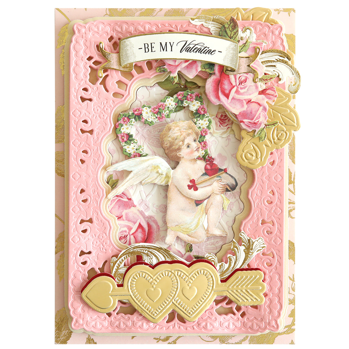 A Smitten Cut Emboss Folders Valentine's Day card showcasing a cherub holding an embossed heart with arrow details, surrounded by roses and adorned with decorative gold accents.