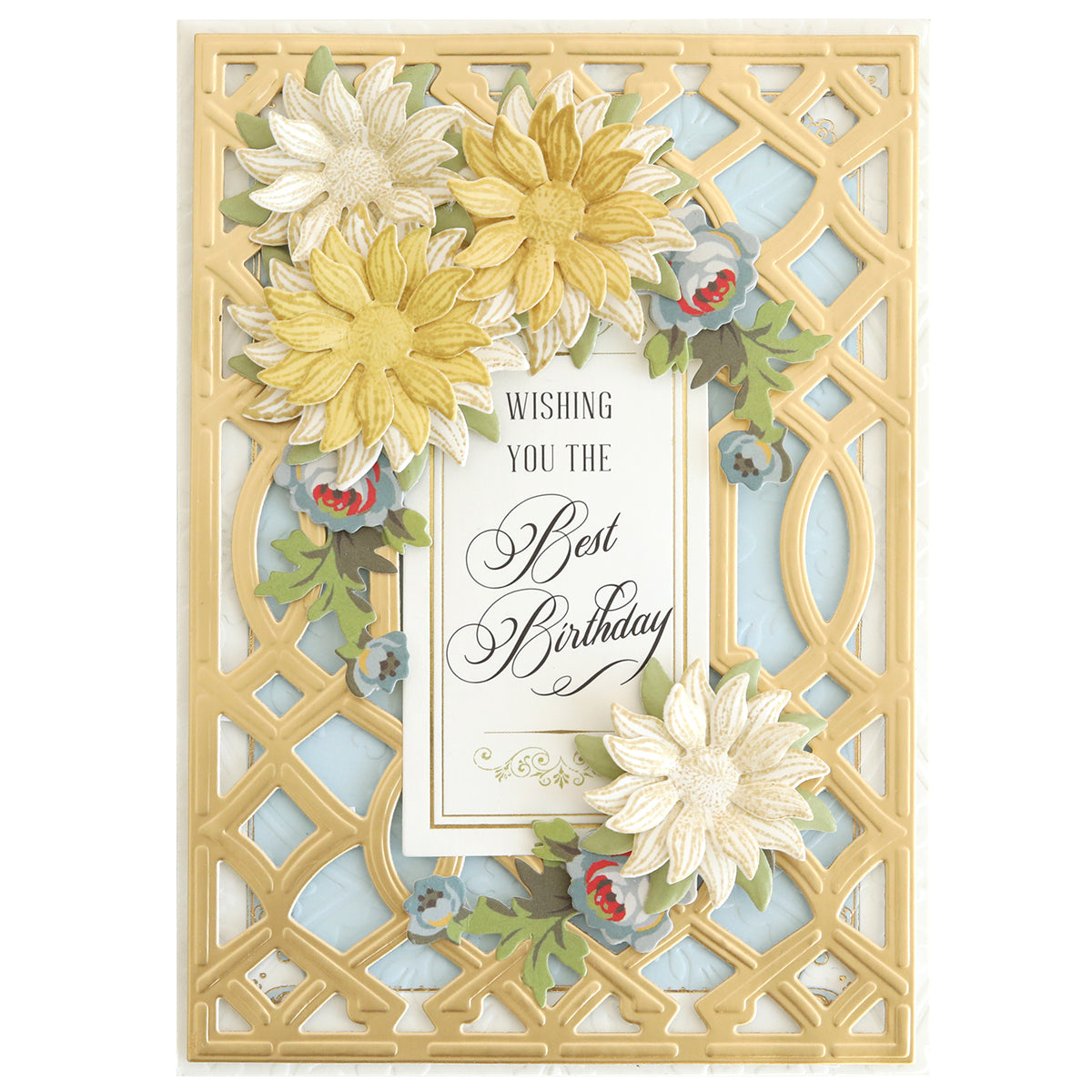 Greeting card featuring Blooms Flower Mold, Stamps and Dies for white and yellow flowers, gold lattice design, and "Wishing You the Best Birthday" elegantly scripted at the center.