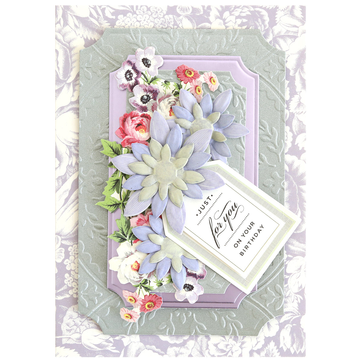 The Blooms Flower Mold, Stamps and Dies lets you craft a decorative birthday card with layered paper flowers, colorful accents, and a "Just for you on your birthday" tag—perfect for custom designs with coordinating stamps.