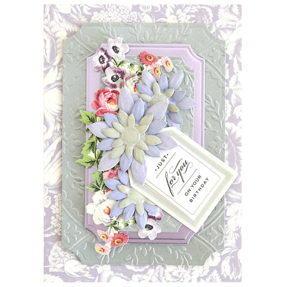 The Blooms Flower Mold, Stamps and Dies lets you craft a decorative birthday card with layered paper flowers, colorful accents, and a "Just for you on your birthday" tag—perfect for custom designs with coordinating stamps.