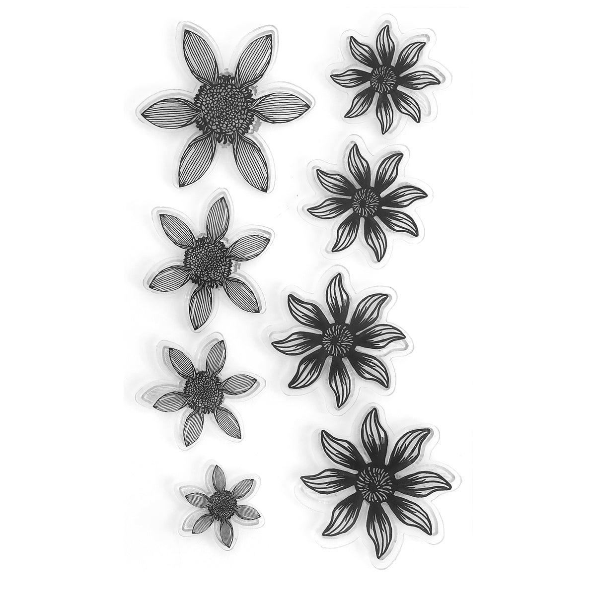 Blooms Flower Mold, Stamps and Dies: eight black and white flower illustrations, each with unique petal designs like paper flowers, displayed in two vertical columns on a white background.