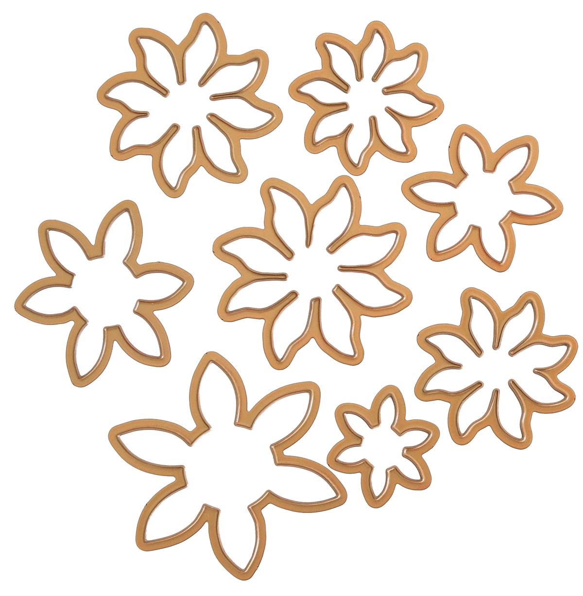 Seven wooden flower-shaped cutouts in different sizes are displayed on a transparent background, ideal for use with the Blooms Flower Mold, Stamps and Dies or for crafting custom paper flowers.