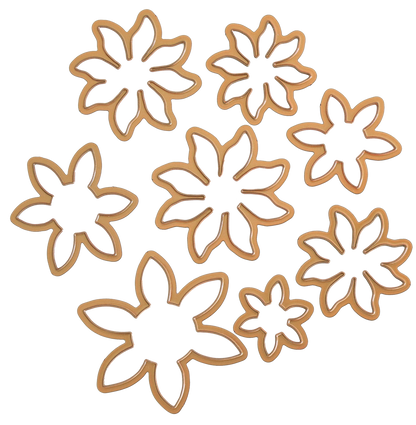 Seven wooden flower-shaped cutouts in different sizes are displayed on a transparent background, ideal for use with the Blooms Flower Mold, Stamps and Dies or for crafting custom paper flowers.