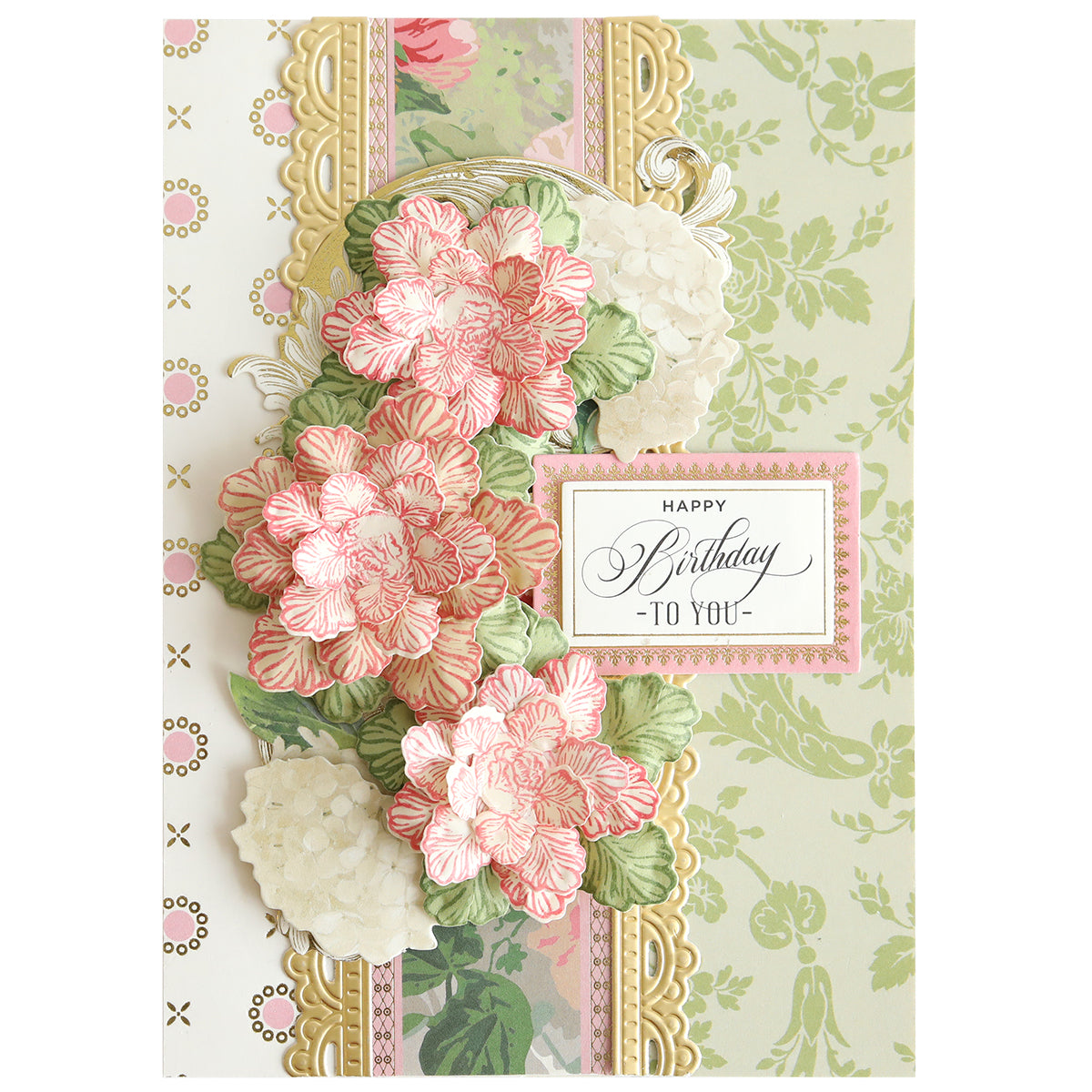 The Posies Flower Mold, Stamps and Dies set creates a decorative birthday card with pink and white flowers, green leaves, gold accents, and a "Happy Birthday to You" message.