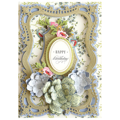 Celebrate with this ornate "Happy Birthday" card featuring layered florals, gold and blue frames, and a vintage floral background—perfect for showcasing your Posies Flower Mold, Stamps and Dies or favorite flower crafting supplies.